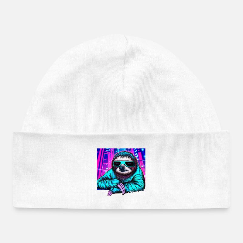 Retrowave Sloth - Peinture Ukiyo-e - Bonnet bébé bio - blanc