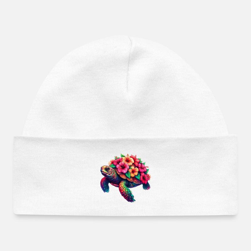 Tortue aux fleurs d’hibiscus - Bonnet bébé bio - blanc