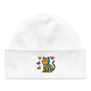 Chat patchwork aux papillons colorés - Bonnet bébé bio - blanc - Devant