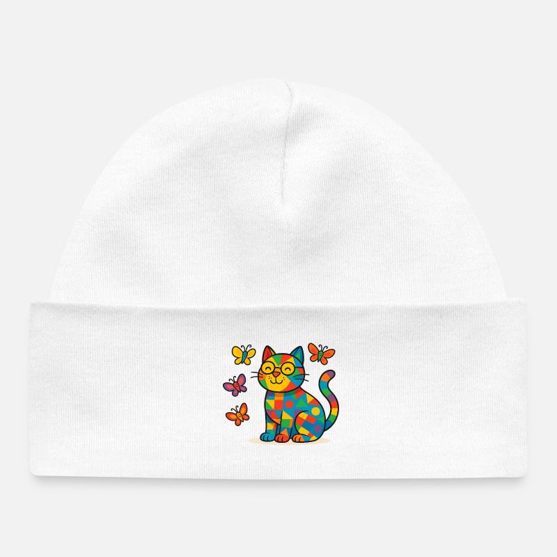 Chat patchwork aux papillons colorés - Bonnet bébé bio - blanc