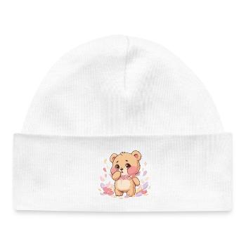 Ours délicat avec une couronne de fleurs - Bonnet bébé bio - blanc - Devant