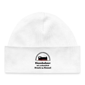 Eisenbahn Dampflok Spruch Druck im Kessel - Baby Organic Mütze - Weiß - Vorne