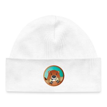 niedliches Nagetier Patch - Biber knabbert am Holz - Baby Organic Mütze - Weiß - Vorne