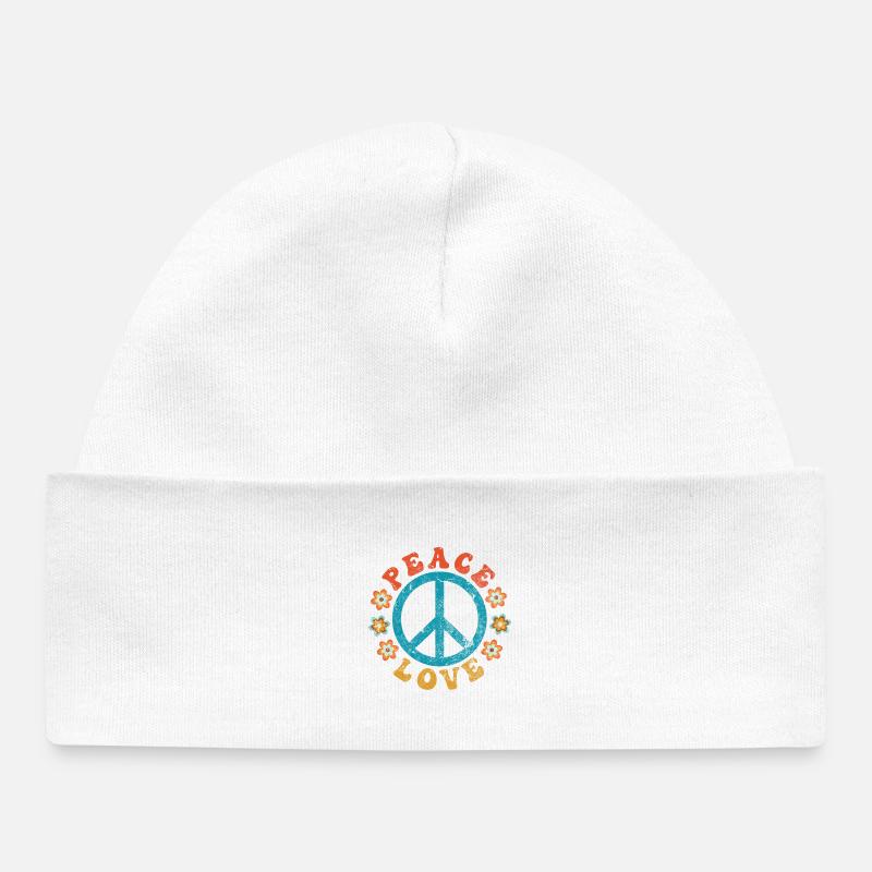 Peace & Love - Signe de paix hippie avec des fleurs - Bonnet bébé bio - blanc