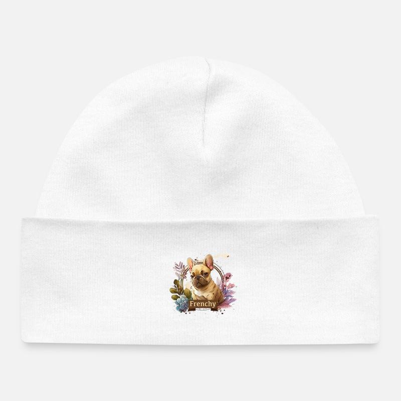 Bouledogue français dans cadre fleuri - Bonnet bébé bio - blanc