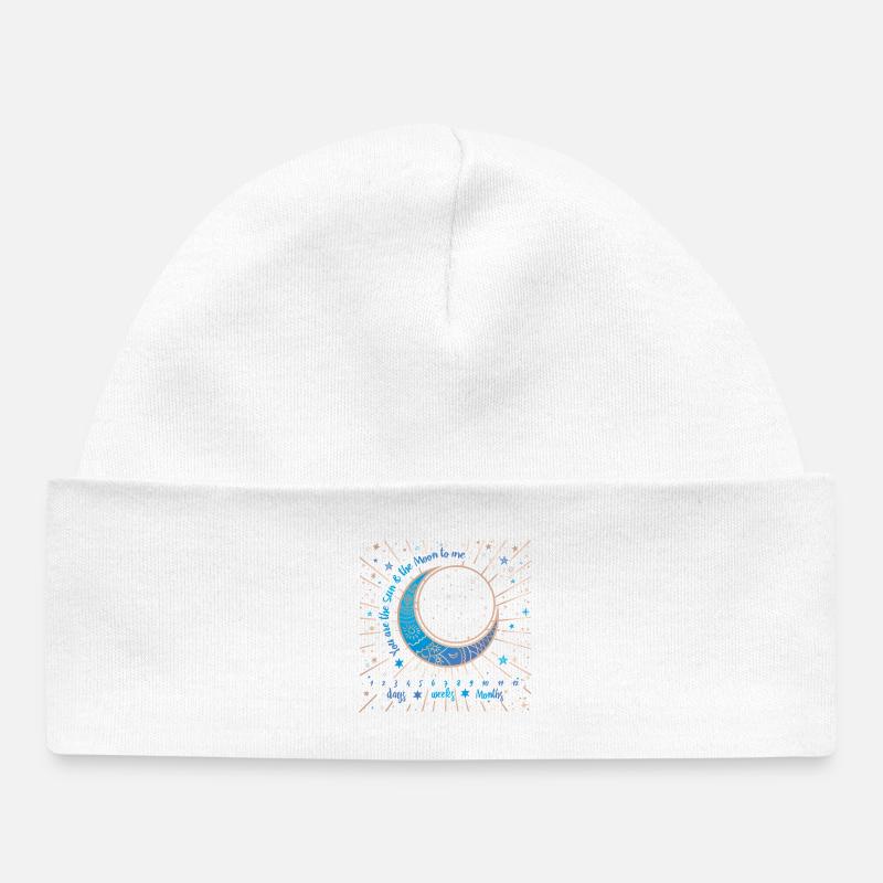 Lune bleue ornée et éclats stellaires - Bonnet bébé bio - blanc