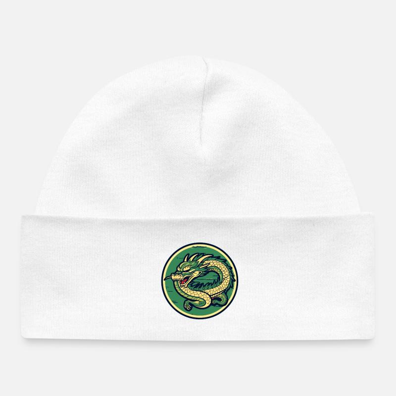 Dragon Crest Circle Patch - Baby Organic Beanie - white