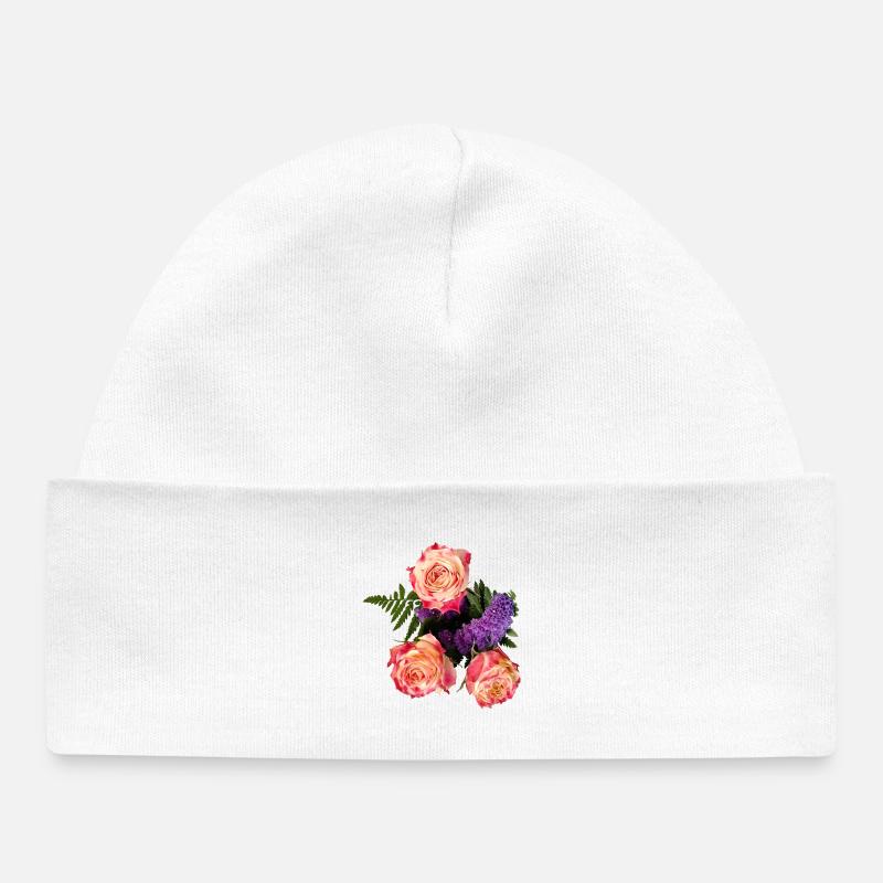 Bouquet de roses à la lueur lavande - Bonnet bébé bio - blanc