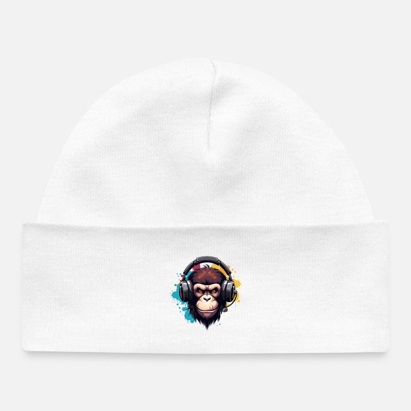 Singe avec des écouteurs, animal, chimpanzé, singe - Bonnet bébé bio - blanc