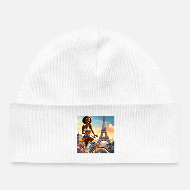 Belle Fille à Vélo, Tour Eiffel - Bonnet bébé bio - blanc