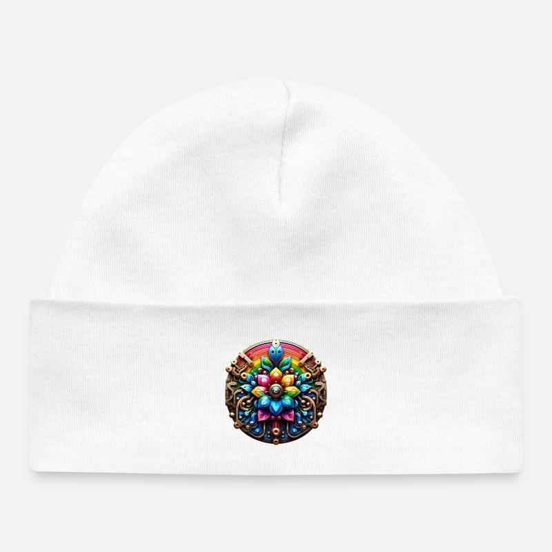 Fleur Steampunk Psychédélique Arc-en-ciel - Bonnet bébé bio - blanc