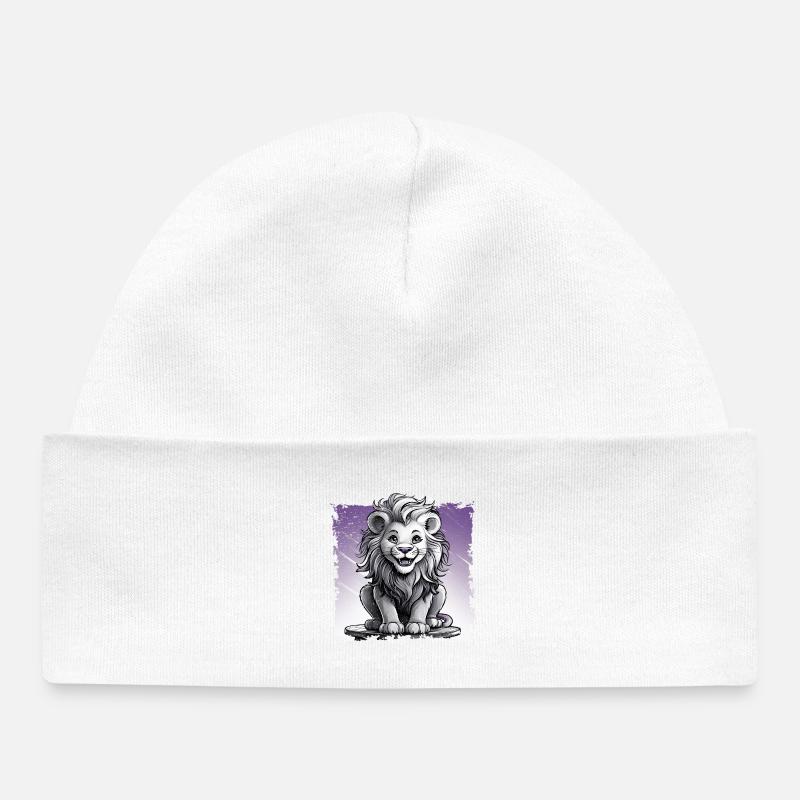 Lion comique, riant assis sur un tabouret | Affiche - Bonnet bébé bio - blanc