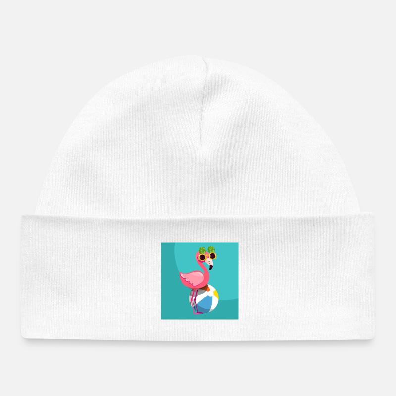 Flamant rose, son ballon et ses lunettes ananas - Bonnet bébé bio - blanc