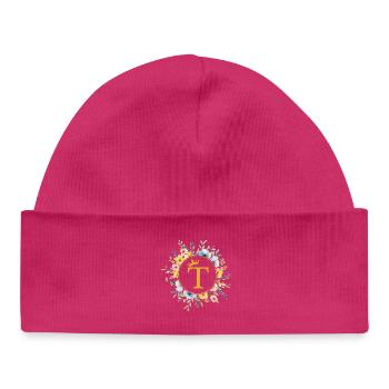 T monogramme, cercle de fleurs, personnalisable - Bonnet bébé bio - blanc - Devant