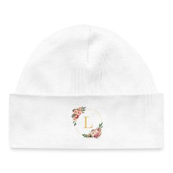 L Monogram, Couronne de fleurs, Personnalisable - Bonnet bébé bio - blanc - Devant