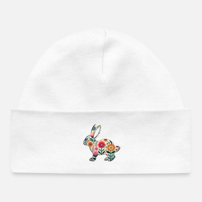 Silhouette fleurie de lapin de Pâques - Boho Chic - Bonnet bébé bio - blanc