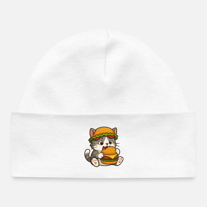 chat mignon avec burger dessin animé fast-food ciel - Bonnet bébé bio - blanc