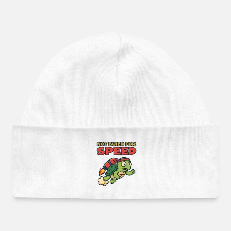 Turtle with rocket: Not built for speed - Baby Organic Beanie - white