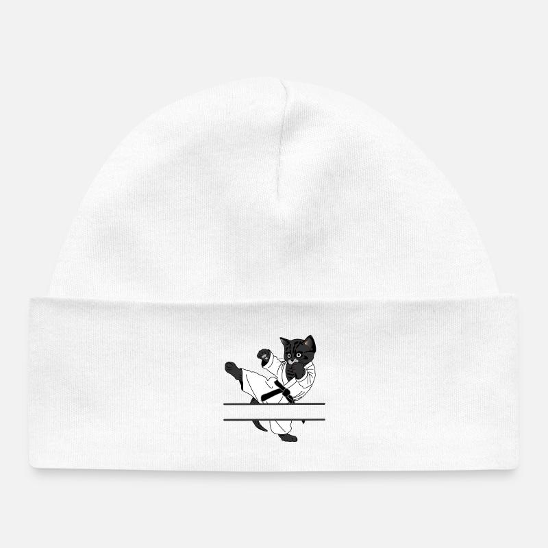 Coup de pied de karaté chat noir - Bonnet bébé bio - blanc
