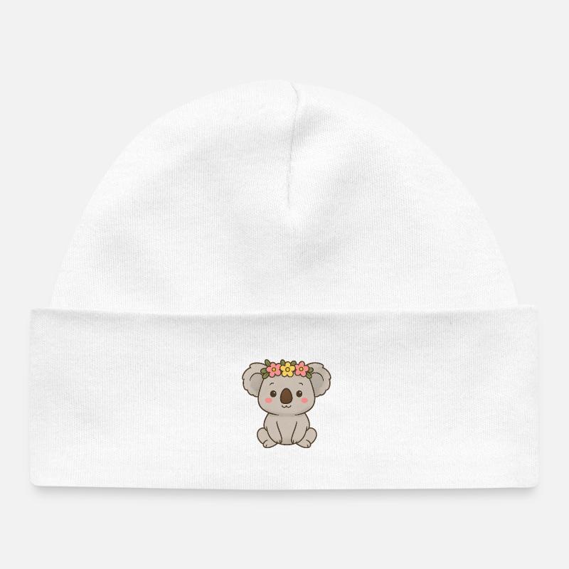 Mignon koala avec couronne de fleurs - Bonnet bébé bio - blanc