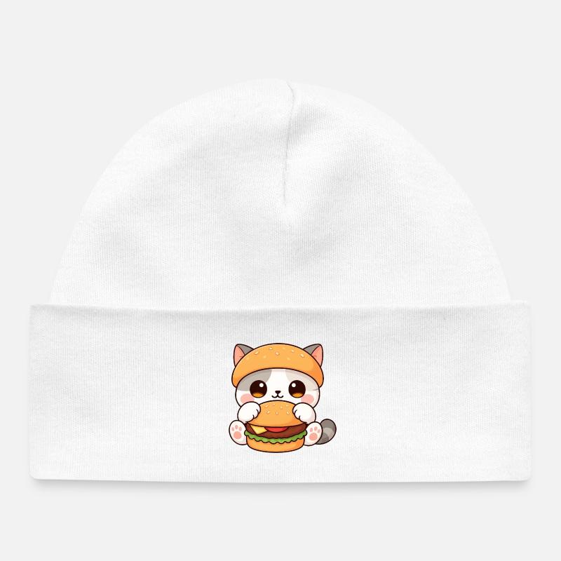 Mignon dessin animé chat burger amateur de restauration rapide - Bonnet bébé bio - blanc