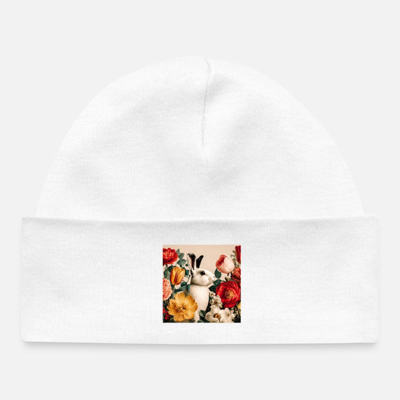 Lapin floral élégant dans un jardin luxuriant - Bonnet bébé bio - blanc