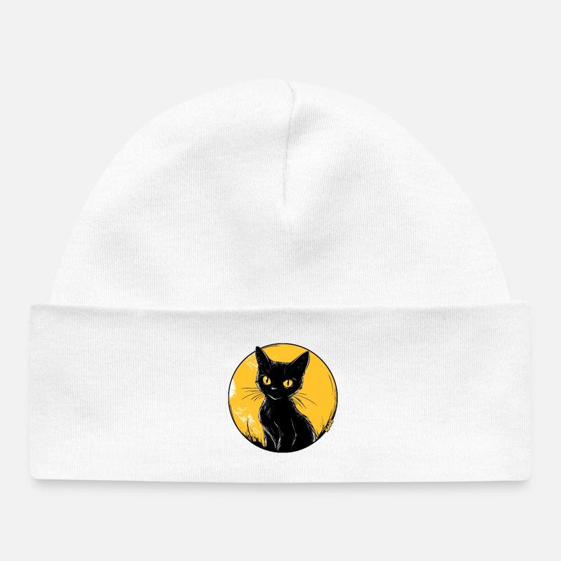 Illustration de chat félin doré au clair de lune - Bonnet bébé bio - blanc