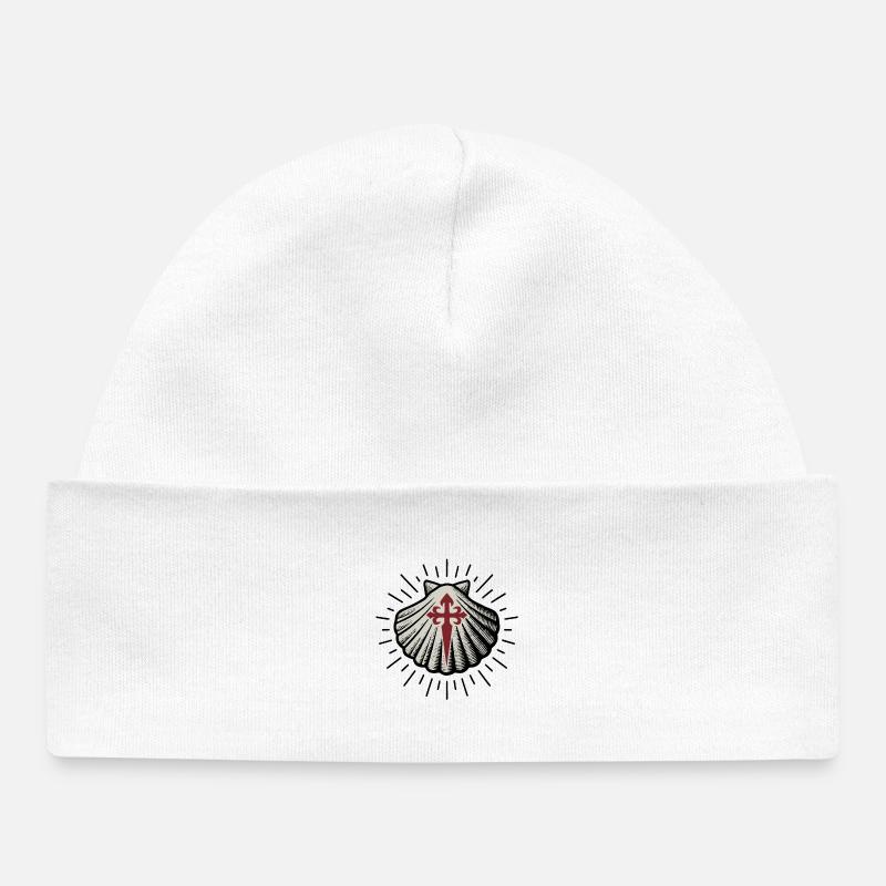 Coquille Saint-Jacques avec Croix de Saint-Jacques-de-Compostelle - Bonnet bébé bio - blanc