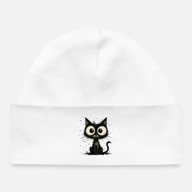 Drôle de chat noir avec de grands yeux – splash - Bonnet bébé bio - blanc
