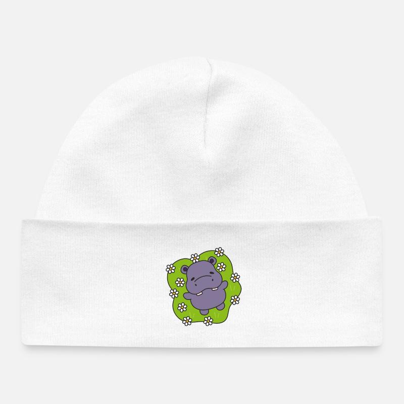 Hippo violet sur gazon fleuri - Bonnet bébé bio - blanc