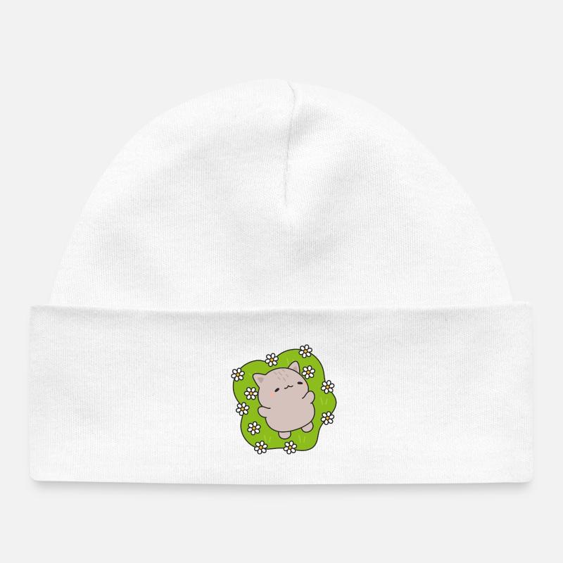Chat mignon danse parmi des fleurs - Bonnet bébé bio - blanc