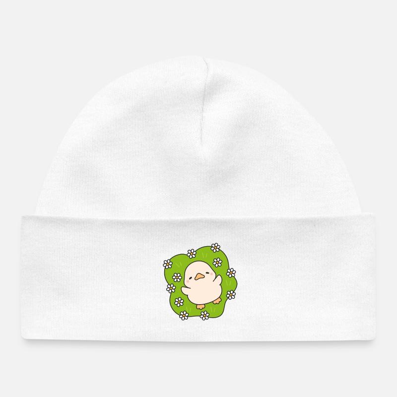 Poussin fleuri sur vert pastel - Bonnet bébé bio - blanc