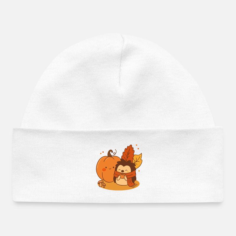 Câlins d’automne – Hérisson et citrouille mignons - Bonnet bébé bio - blanc
