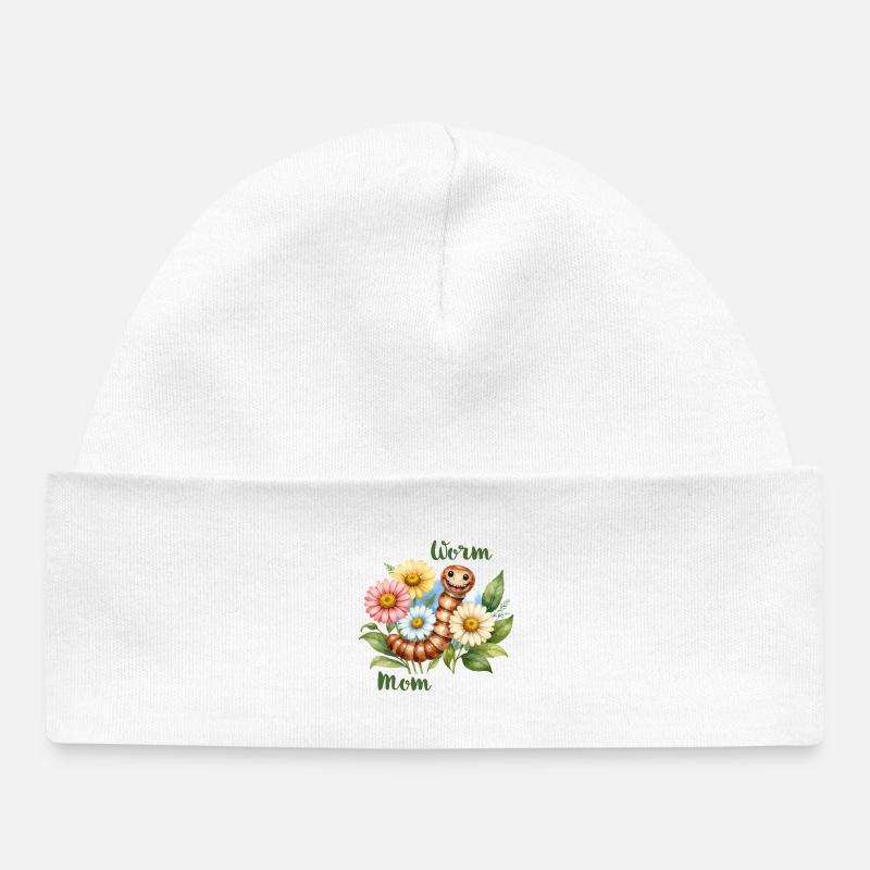 Worm Mom – Ver de terre en fleurs, aquarelle - Bonnet bébé bio - blanc