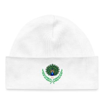 Peacock in Green Laurel Wreath - Baby Organic Beanie - white - Front