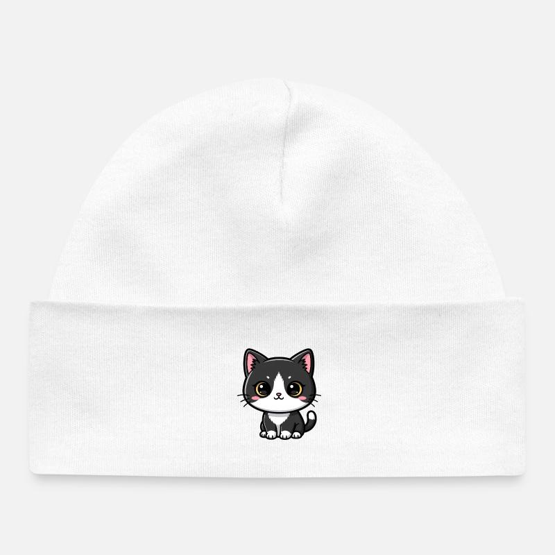 Charme Kawaii Chat Noir-Blanc - Bonnet bébé bio - blanc