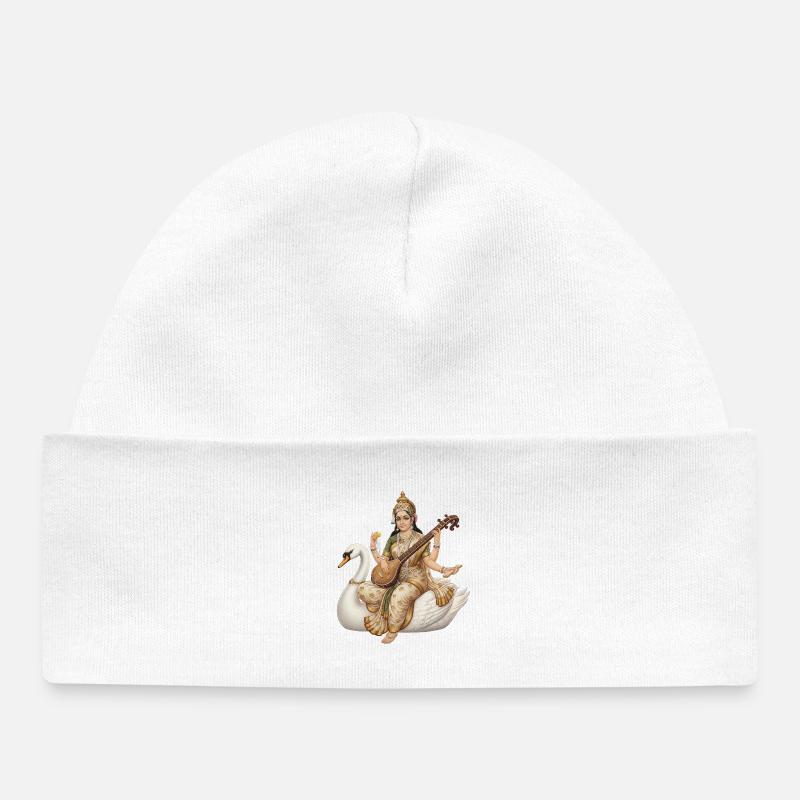 Saraswati au cygne avec du luth - Bonnet bébé bio - blanc