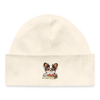 Cute Papillon Dog Reading Book with Glasses - Baby Organic Beanie - white - Front