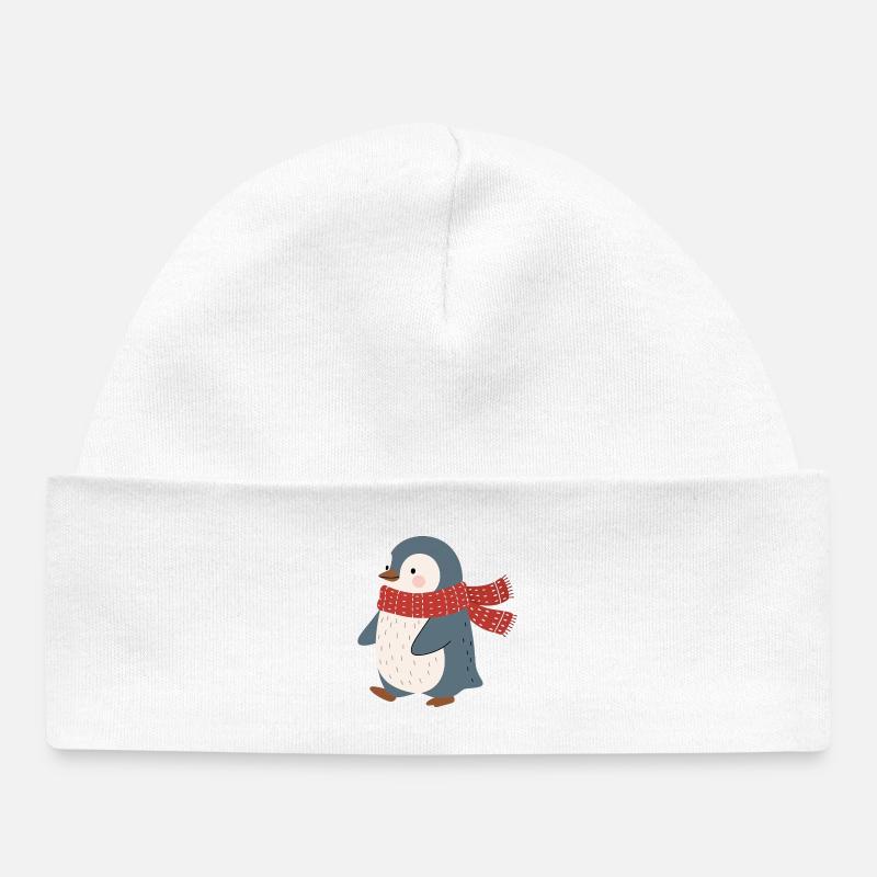 Pingouin avec écharpe d’hiver rouge - Bonnet bébé bio - blanc