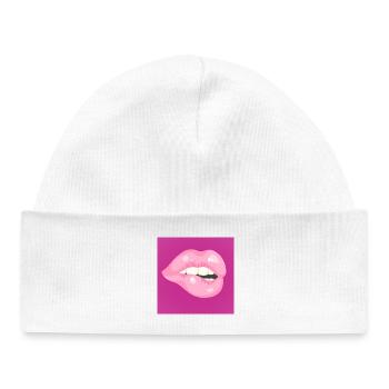 Glossy Pink Lip Bite on Magenta - Baby Organic Beanie - white - Front