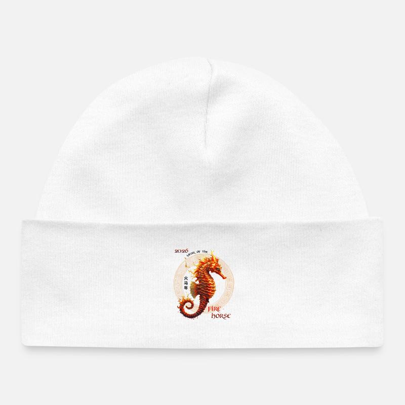 Hippocampe de Feu 2026 – Année de bébé 2026 - Bonnet bébé bio - blanc