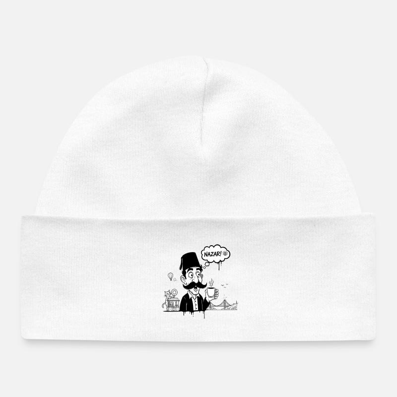 Moustachu au fez et Nazar Café - Bonnet bébé bio - blanc