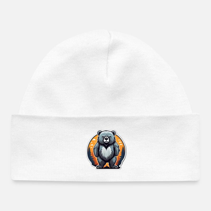 Ourson cartoon au coucher forestier - Bonnet bébé bio - blanc