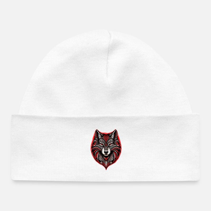 Loup Tribal Rouge et Noir - Bonnet bébé bio - blanc