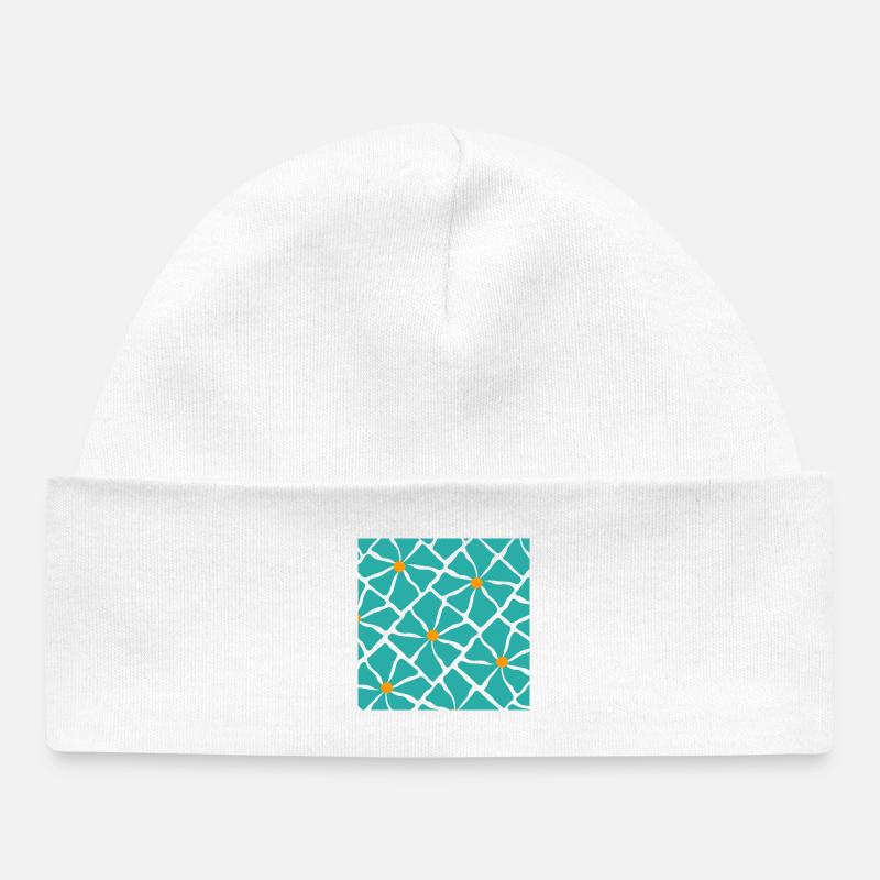 Turquoise Blossoms Mosaic Pattern - Baby Organic Beanie - white