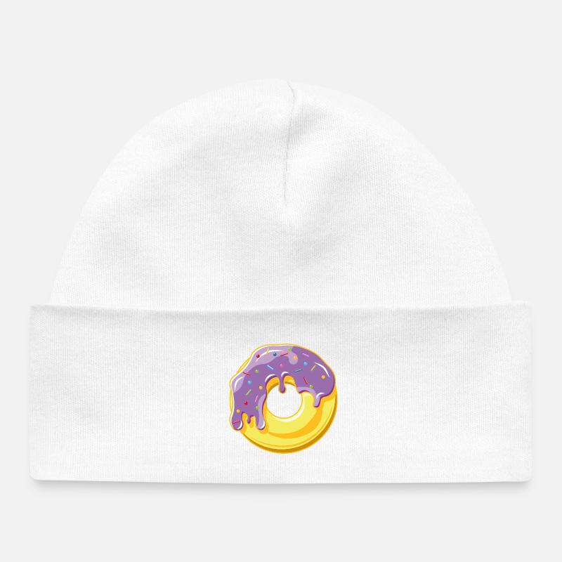 Donut avec glaçage violet et vermicelles colorées - Bonnet bébé bio - blanc