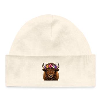 Bison with floral decoration - Baby Organic Beanie - white - Front