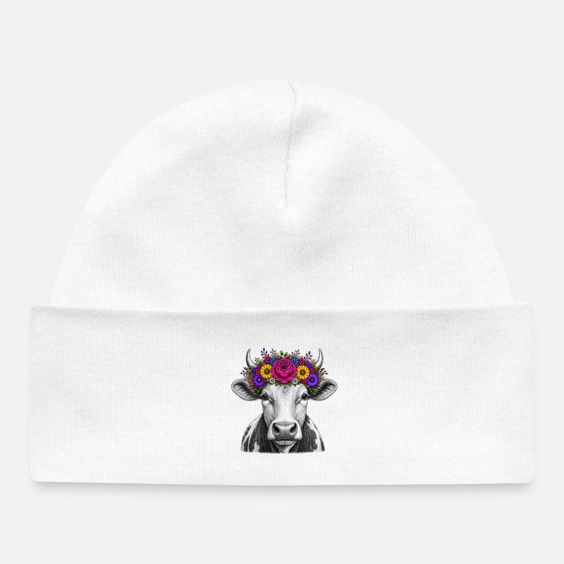 Vache avec couronne de fleurs - Bonnet bébé bio - blanc