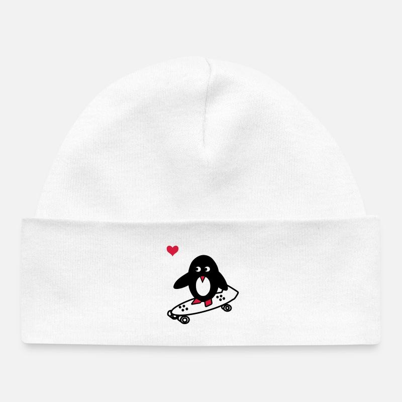 pingouin avec le skate-board - Bonnet bébé bio - blanc
