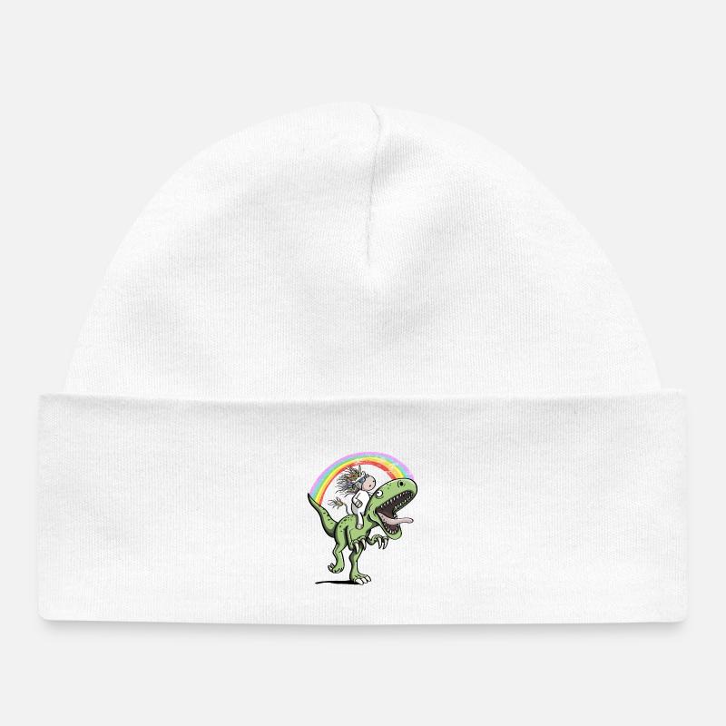 Unicorn Rides Dinosaure T Rex sous arc-en-ciel - Bonnet bébé bio - blanc